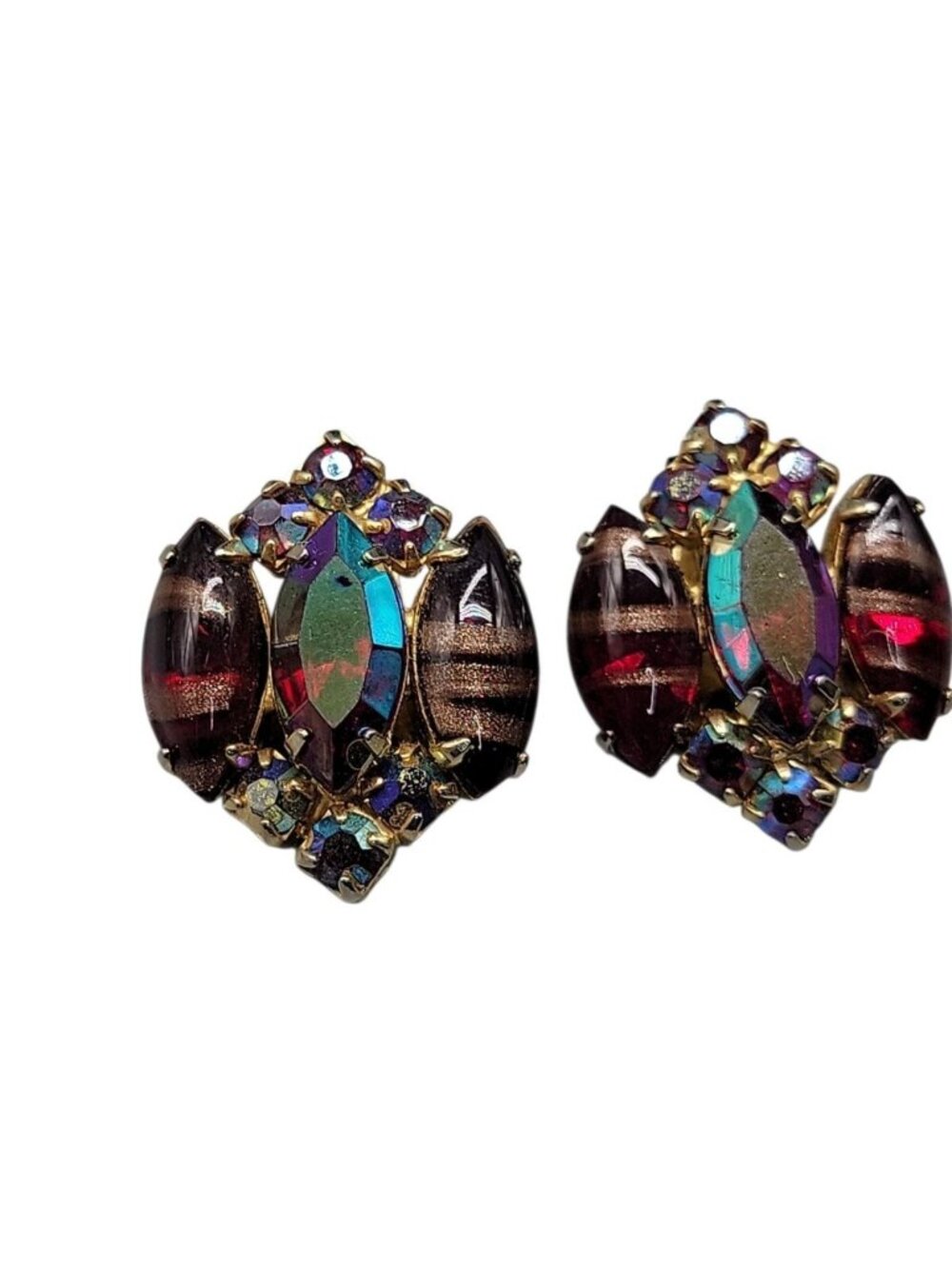Juliana D&E Copper Fluss Cranberry Navette Earrings w/ AB Rhinestones Vintage